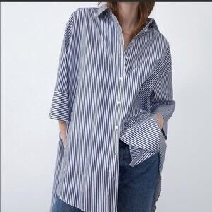 Zara Striped 3/4 Sleeve Oversized Poplin Tunic Button-Up Shirt Blue White XS